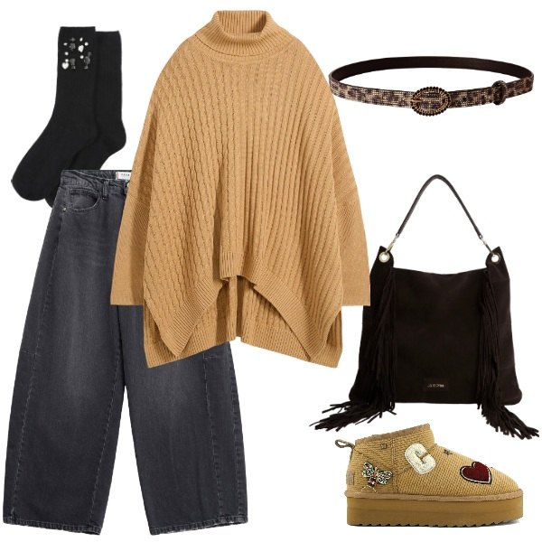Outfit donna - mercoledì. Stile Urban per Scuola/Università. Abbinamento con maglieria, jeans, cinture, borse a spalla, calzini, stivali.