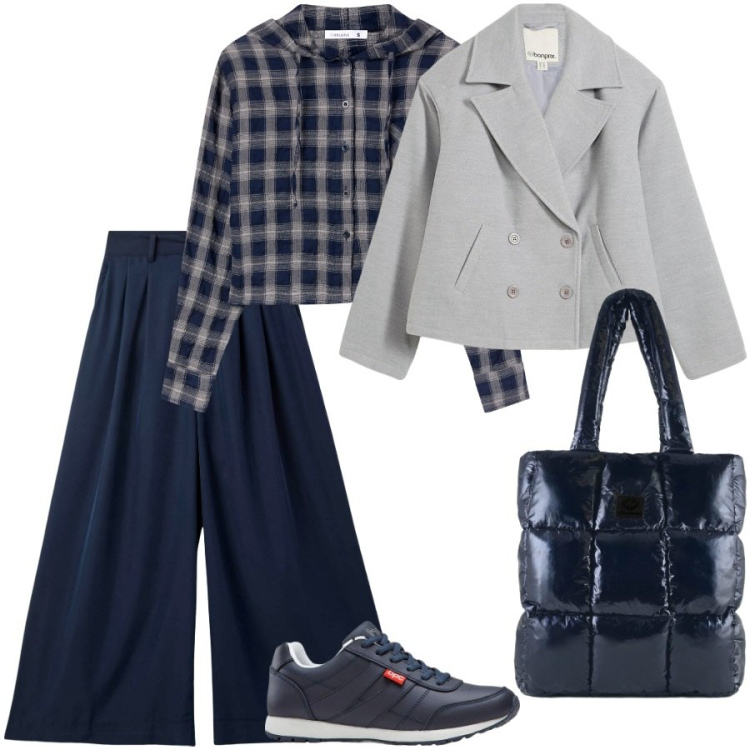 Outfit donna - La camicia a quadri. Stile Casual per Scuola/Università. Abbinamento con sneakers, caban, camicie, pantaloni, shopping bag.