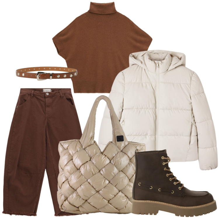 Outfit donna - Cioccolato e panna. Stile Glamour per Tutti i giorni. Abbinamento con pantaloni, bomber, cinture, maglieria, stivaletti, borse tote.