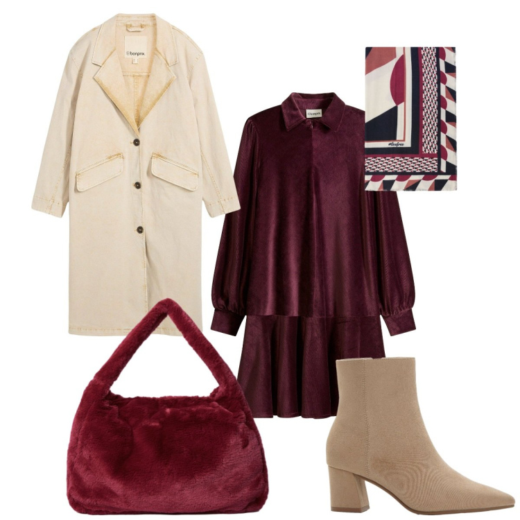 Outfit donna - Bordeaux 2025. Stile Casual chic per Ufficio. Abbinamento con trench, vestiti corti, stivaletti, foulard, borse a spalla.