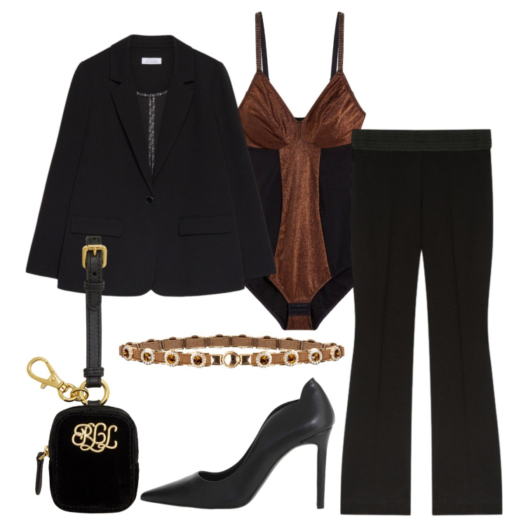 Outfit donna - Serata con stile!. Stile Chic per Serata fuori. Abbinamento con body, cinture, décolleté, pochette, pantaloni, blazer.
