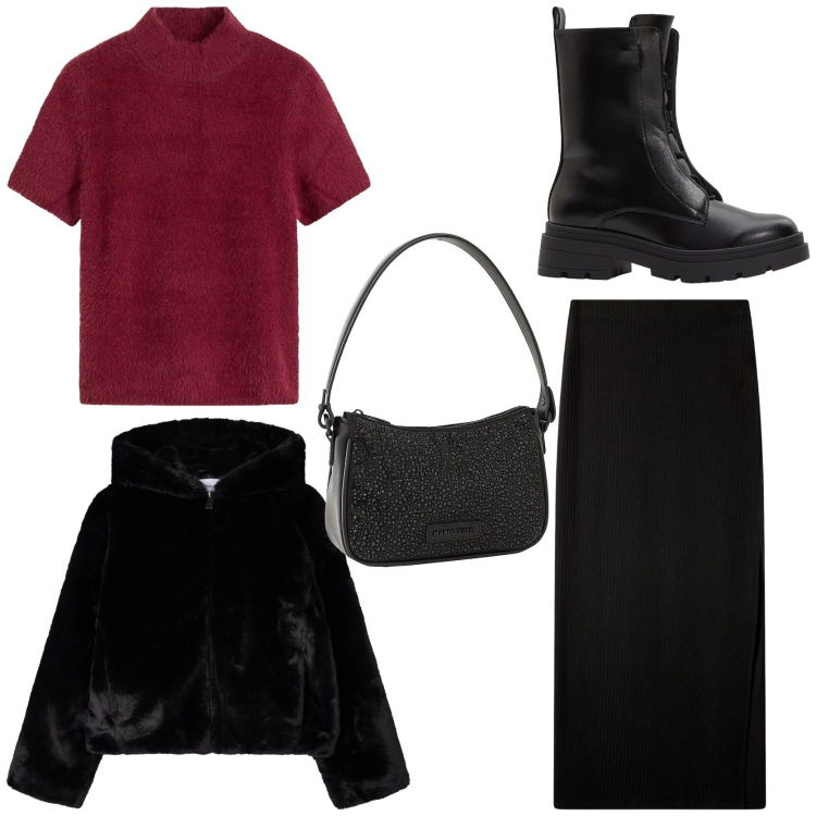 Outfit donna - Serata stilosa. Stile Glamour per Tutti i giorni. Abbinamento con borse a mano, maglieria, stivaletti, gonne lunghe, ecopellicce.