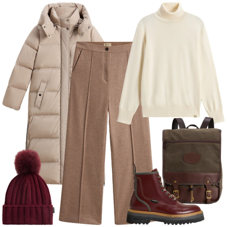 Outfit donna - Woolrich black Friday. Stile Casual chic per Tutti i giorni. Abbinamento con parka, zaini, pantaloni, anfibi, berretti, maglieria.