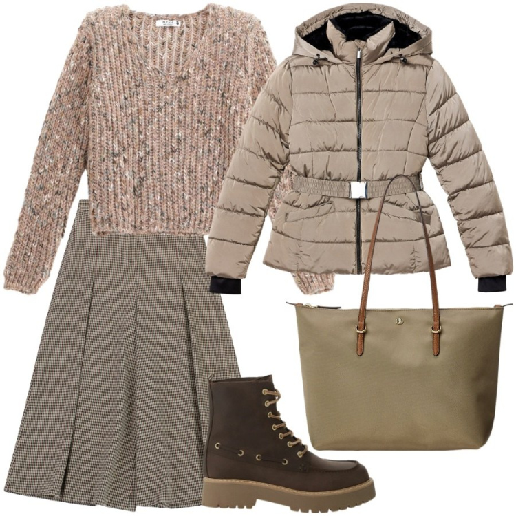 Outfit donna - Work. Stile Casual chic per Ufficio. Abbinamento con maglieria, piumini, pantaloni a palazzo, stivaletti, borse tote.