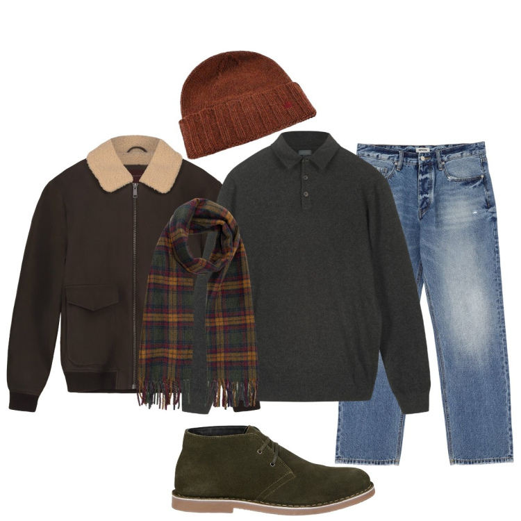 Outfit uomo - Total look #2288908. Stile Trendy per Tutti i giorni. Abbinamento con jeans, cappelli, bomber, maglieria, stivali e stivaletti, sciarpe.