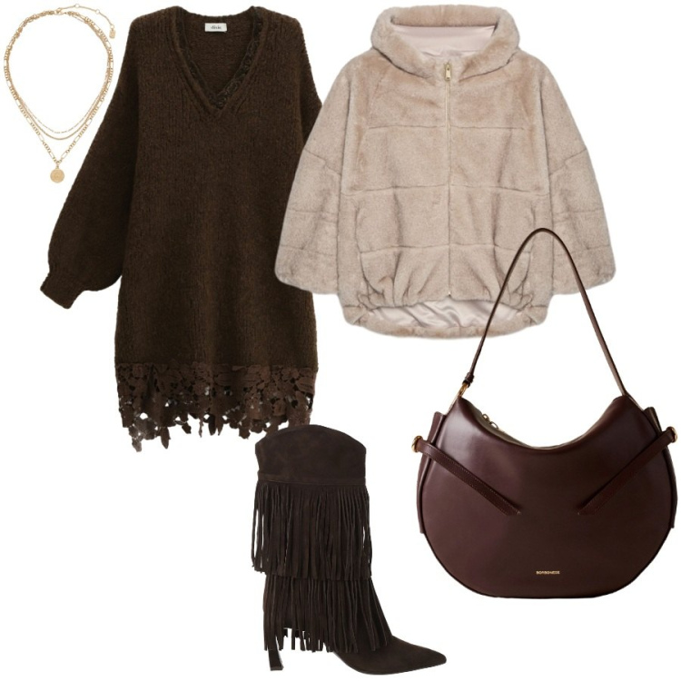 Outfit donna - L\'abito in maglia chic. Stile Chic per Serata fuori. Abbinamento con vestiti corti, borse a spalla, stivali, ciondoli, ecopellicce.