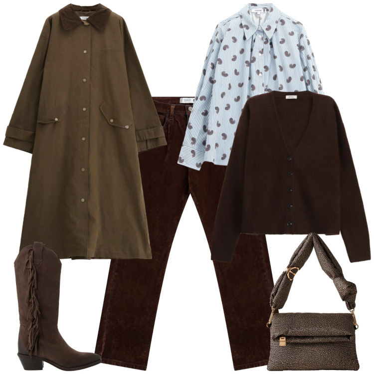 Outfit donna - Urban in città. Stile Urban per Tutti i giorni. Abbinamento con camicie, pantaloni, cappotti, borse a tracolla, stivali, cardigans.