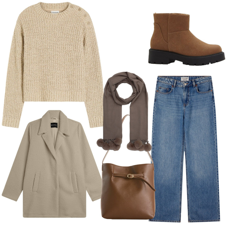 Outfit donna - Giornata in città. Stile Urban per Tutti i giorni. Abbinamento con maglieria, stivaletti, borse a mano, jeans, sciarpe, cappotti.