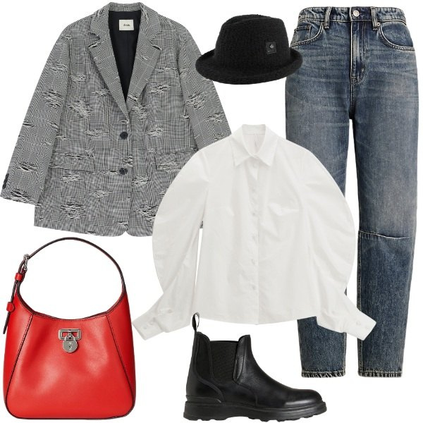 Outfit donna - giovedì. Stile Sporty chic per Tutti i giorni. Abbinamento con camicie, blazer, borse a tracolla, jeans, cappelli, stivaletti.