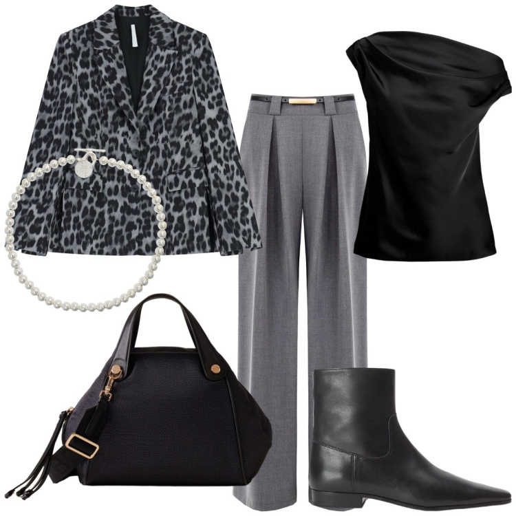 Outfit donna - Black & grey. Stile Trendy per Serata fuori. Abbinamento con pantaloni a palazzo, blazer, borse a mano, collane, top, stivaletti.