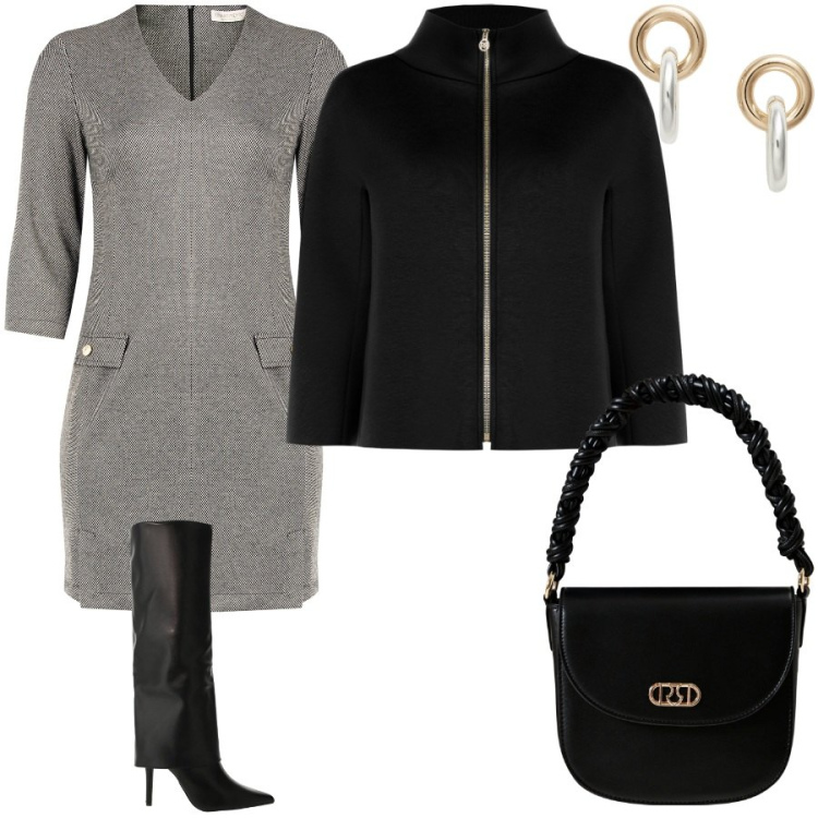 Outfit donna - Rinascimento total look. Stile Chic per Serata fuori. Abbinamento con vestiti corti, cappe, borse a mano, stivali, orecchini.