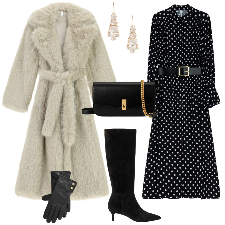 Outfit donna - Bon ton evento festività. Stile Bon Ton per Tutti i giorni. Abbinamento con vestiti midi/longuette, cappotti, stivali, orecchini, clutch, guanti.