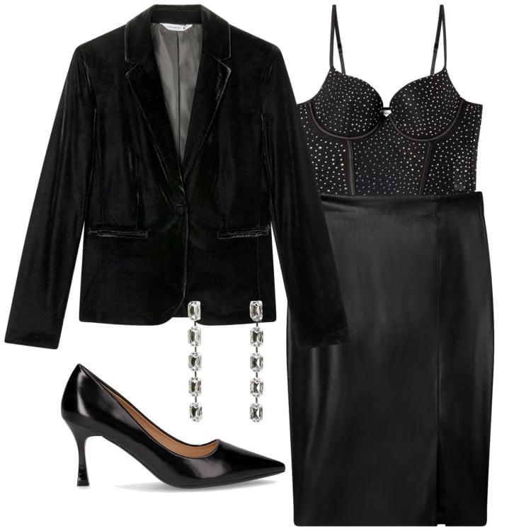 Outfit donna - Sensualità black. Stile Sexy per Serata fuori. Abbinamento con gonne longuette, blazer, top, orecchini, décolleté.