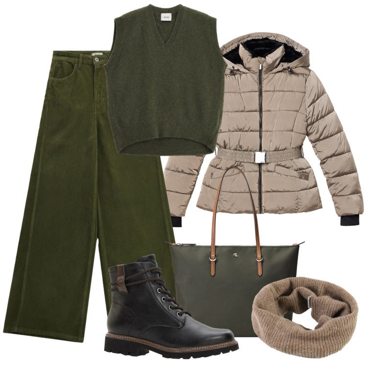 Outfit donna - Contro il freddo in trend. Stile Urban per Tutti i giorni. Abbinamento con stivaletti, piumini, pantaloni a palazzo, maglieria, borse tote, scaldacollo.