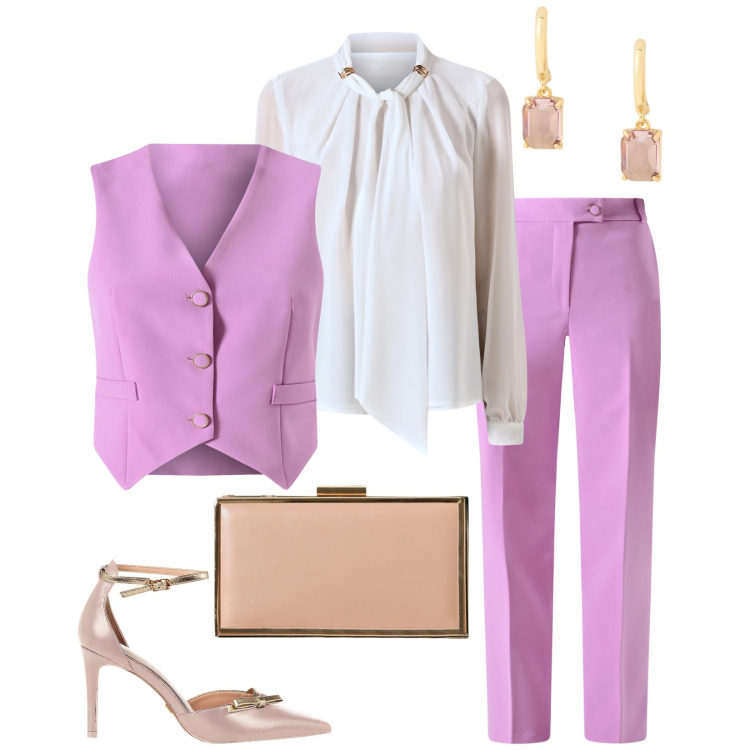 Outfit donna - Bella in rosa. Stile Casual per Cerimonia. Abbinamento con pantaloni skinny, décolleté, pochette, gilet, bluse, orecchini.