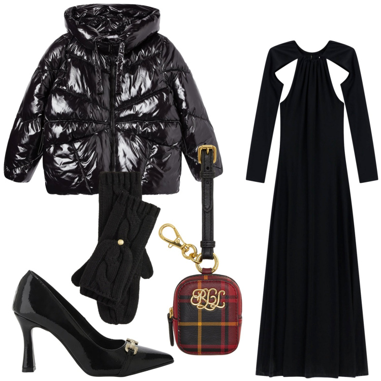 Outfit donna - Dark lady. Stile Chic per Serata fuori. Abbinamento con bomber, décolleté, vestiti lunghi, pochette, guanti.