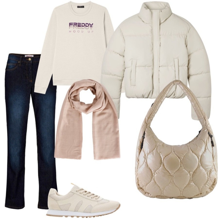 Outfit donna - In facoltà. Stile Casual per Scuola/Università. Abbinamento con jeans dritti, sneakers, bomber, foulard, felpe, borse tote.