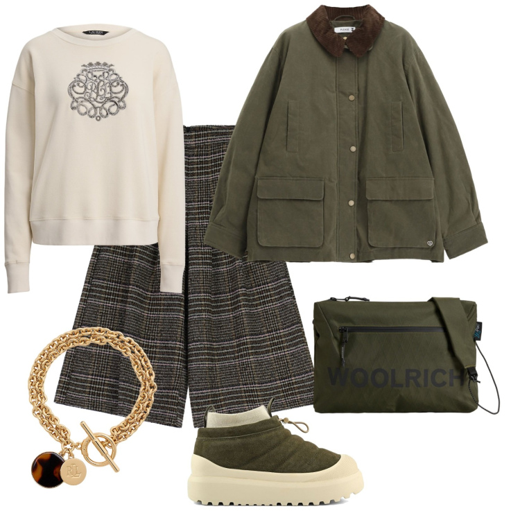 Outfit donna - Caldo autunno. Stile Casual chic per Tutti i giorni. Abbinamento con blazer, pantaloni a palazzo, pullovers, braccialetti con ciondoli, borse a tracolla, stivaletti.