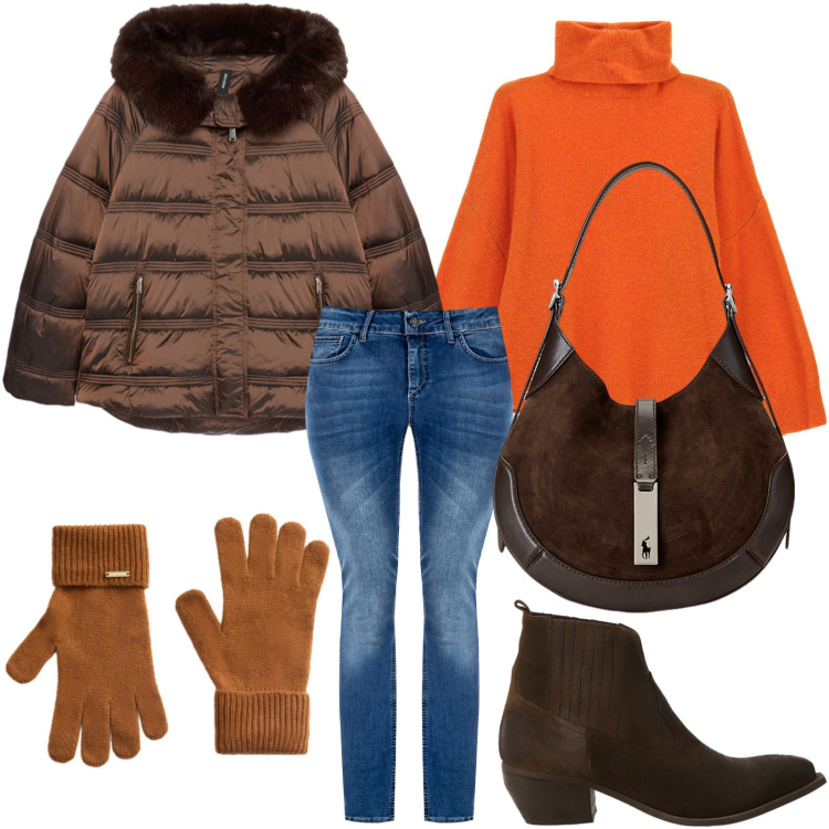 Outfit donna - Autunno orange. Stile Glamour per Tutti i giorni. Abbinamento con jeans skinny, maglieria, stivaletti, borse a spalla, guanti, piumini.