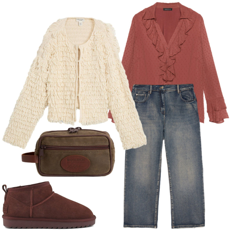 Outfit donna - Voglio stare comoda. Stile Casual per Tutti i giorni. Abbinamento con cardigans, valigie, bluse, jeans, stivali.