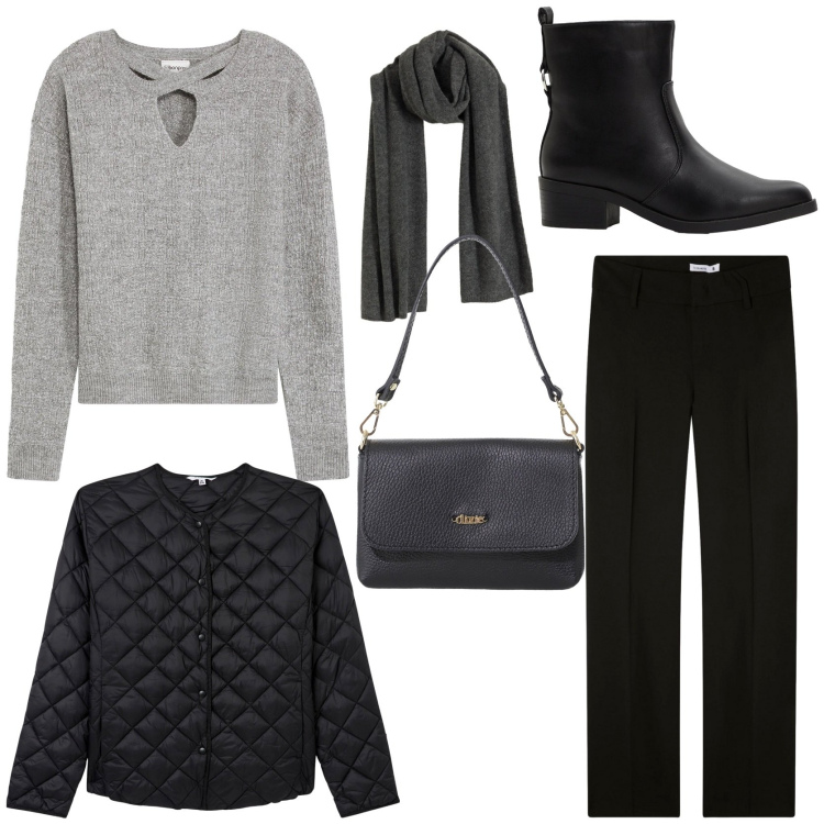 Outfit donna - Street style. Stile Urban per Tutti i giorni. Abbinamento con sciarpe, stivaletti, maglieria, piumini, pantaloni, borse a tracolla.