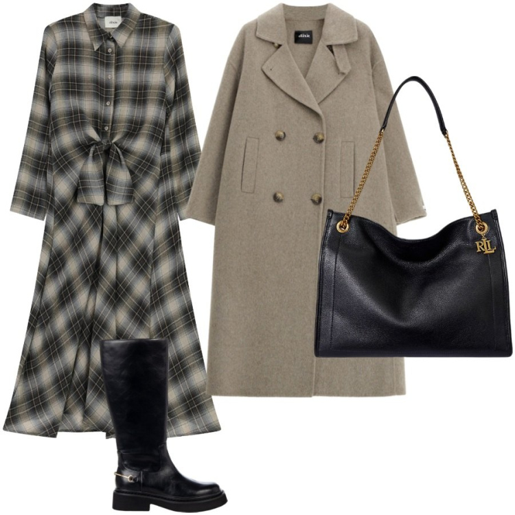 Outfit donna - Un po english. Stile Chic per Ufficio. Abbinamento con stivali sopra il ginocchio, cappotti, vestiti midi/longuette, borse tote.