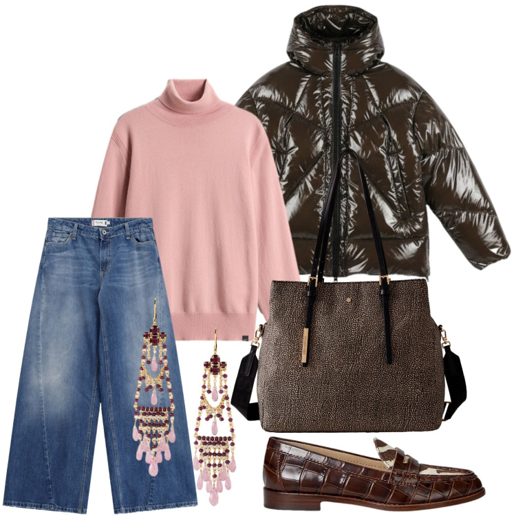 Outfit donna - Look metropolitan. Stile Minimal per Tutti i giorni. Abbinamento con jeans, shopping bag, mocassini, orecchini, piumini, maglieria.