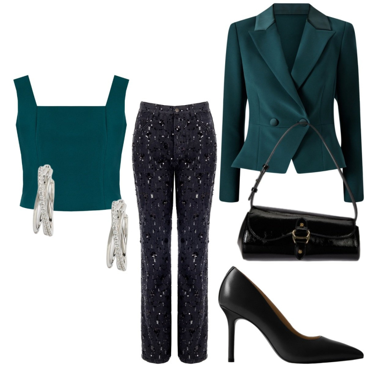 Outfit donna - Black Friday in verde e nero. Stile Sexy per Cerimonia. Abbinamento con top, blazer, pantaloni, orecchini, décolleté, borse a spalla.