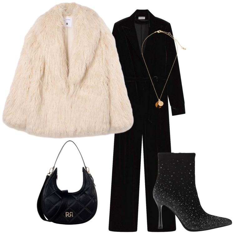 Outfit donna - Tuta velluto. Stile Glamour per Serata fuori. Abbinamento con tute, borse a tracolla, ecopellicce, stivaletti, collane.