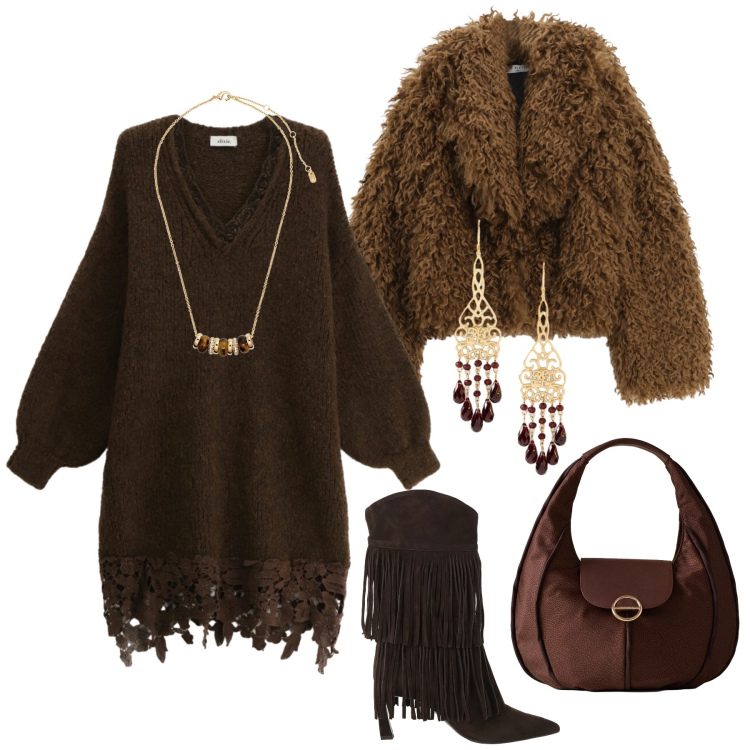 Outfit donna - Abito in maglia e pizzo. Stile Boho per Serata fuori. Abbinamento con blazer, borse a spalla, vestiti corti, stivali, collane, orecchini.