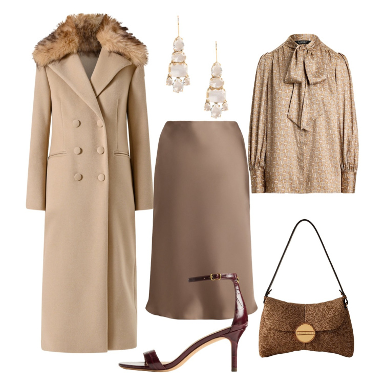 Outfit donna - Tessuti luminosi!. Stile Chic per Serata fuori. Abbinamento con cappotti, borse a tracolla, gonne, camicie, orecchini, sandali in pelle.