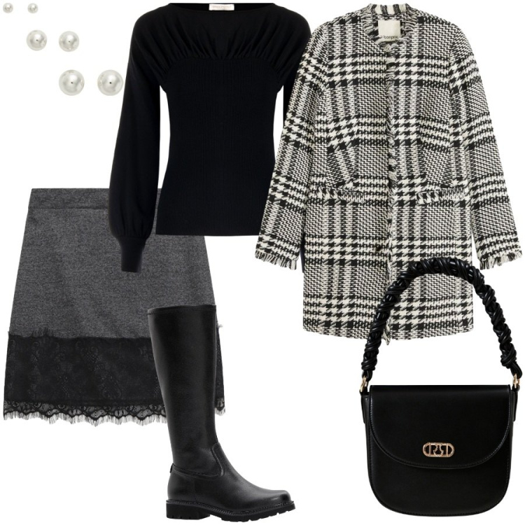 Outfit donna - Chic lady. Stile Chic per Serata fuori. Abbinamento con stivali, blazer, borse a mano, maglieria, minigonne, orecchini.