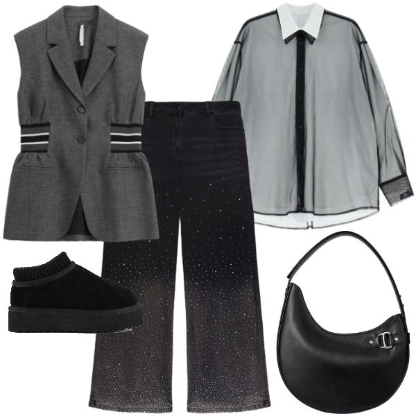 Outfit donna - sabato. Stile Trendy per Serata fuori. Abbinamento con camicie, gilet, borse a spalla, sabot, jeans.
