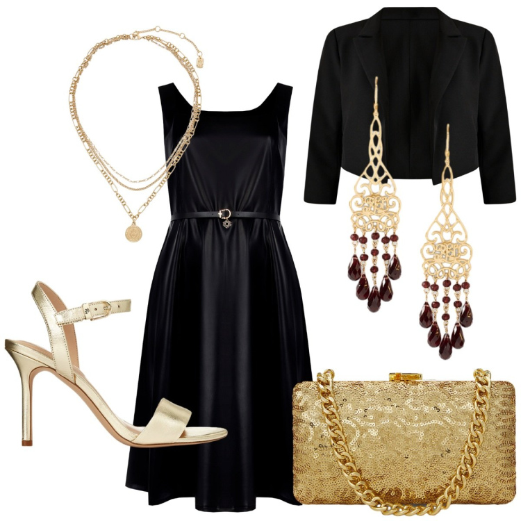 Outfit donna - Gold & black. Stile Romantica per Cerimonia. Abbinamento con vestiti midi/longuette, bolero, sandali in pelle, clutch, ciondoli, orecchini.