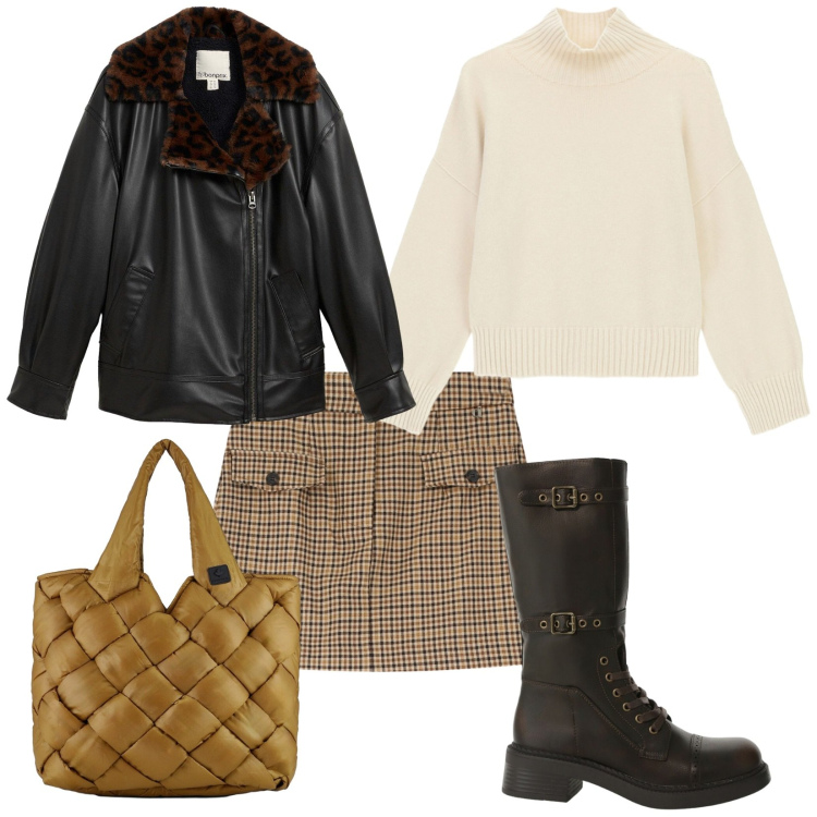 Outfit donna - Bomber di pelle. Stile Bon Ton per Tutti i giorni. Abbinamento con bomber, maglieria, stivali, gonne, borse tote.