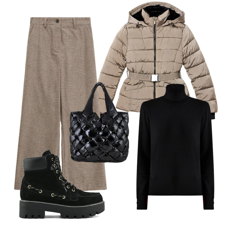 Outfit donna - Casual in montagna. Stile Casual per Tutti i giorni. Abbinamento con pantaloni a palazzo, piumini, maglieria, borse tote, stivaletti.