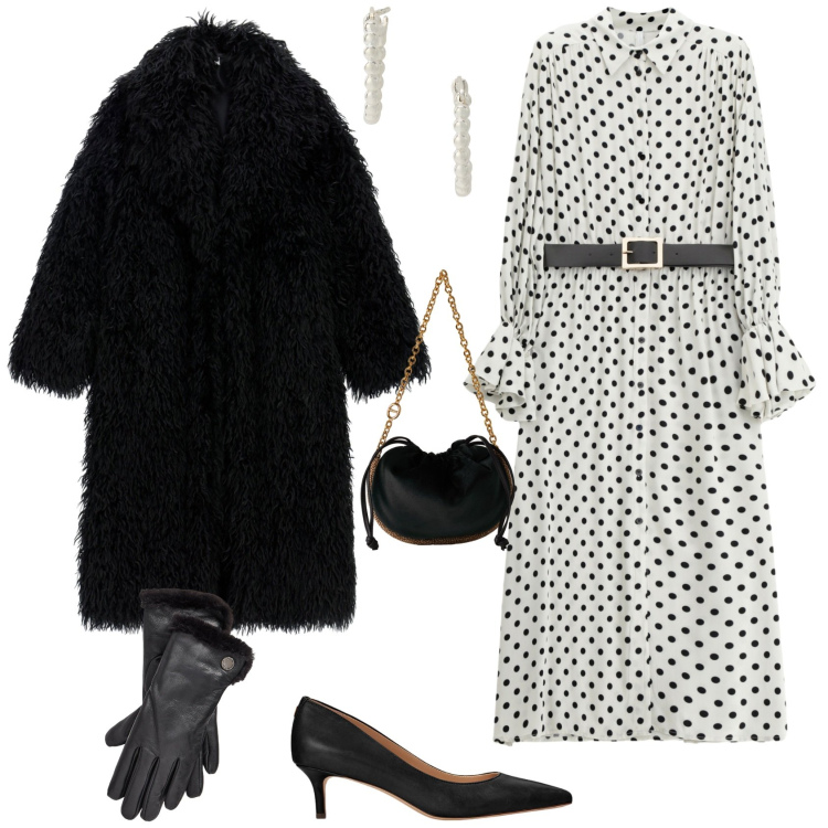 Outfit donna - Festività eventi serate bon ton. Stile Bon Ton per Serata fuori. Abbinamento con cappotti, vestiti midi/longuette, borse a spalla, décolleté, orecchini, guanti.