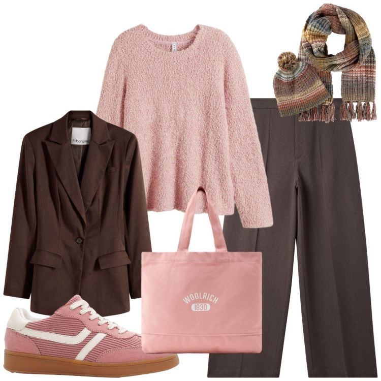 Outfit donna - Pink and brown. Stile Glamour per Scuola/Università. Abbinamento con maglieria, sneakers, sciarpe, blazer, pantaloni, borse tote.