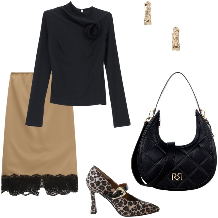 Outfit donna - Cena fuori. Stile Chic per Serata fuori. Abbinamento con borse a tracolla, t-shirt, décolleté, gonne longuette, orecchini.