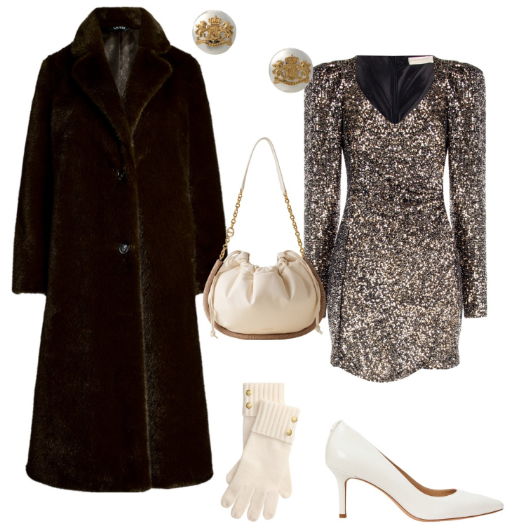 Outfit donna - Festività eventi serate glamour. Stile Glamour per Serata fuori. Abbinamento con vestiti corti, borse a spalla, orecchini, cappotti, décolleté, guanti.