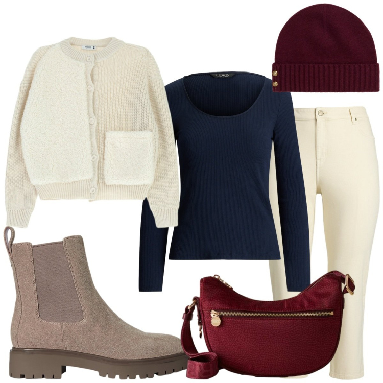 Outfit donna - Tris di colori e goduria per gli occhi. Stile Sporty chic per Tutti i giorni. Abbinamento con cardigans, borse a tracolla, jeans dritti, stivaletti chelsea, berretti, t-shirt.