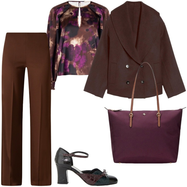 Outfit donna - Festa aziendale. Stile Chic per Ufficio. Abbinamento con caban, pantaloni a palazzo, bluse, décolleté, borse tote.