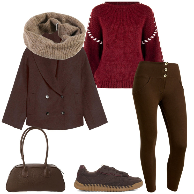 Outfit donna - Total look #2288954. Stile Sporty chic per Tutti i giorni. Abbinamento con caban, maglieria, borse a mano, pantaloni skinny, scaldacollo, sneakers.