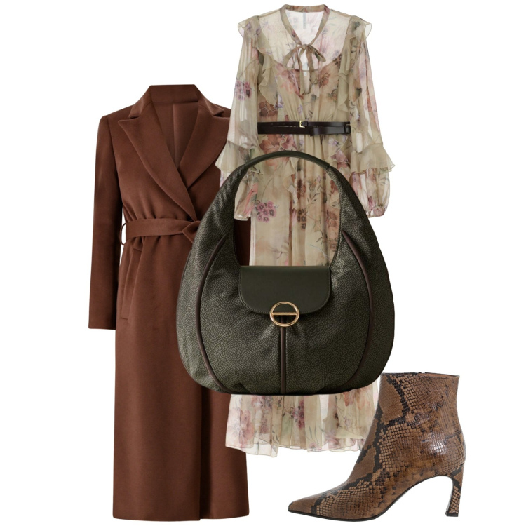 Outfit donna - Fiori autunnali. Stile Glamour per Tutti i giorni. Abbinamento con cappotti, vestiti lunghi, borse a mano, stivaletti.