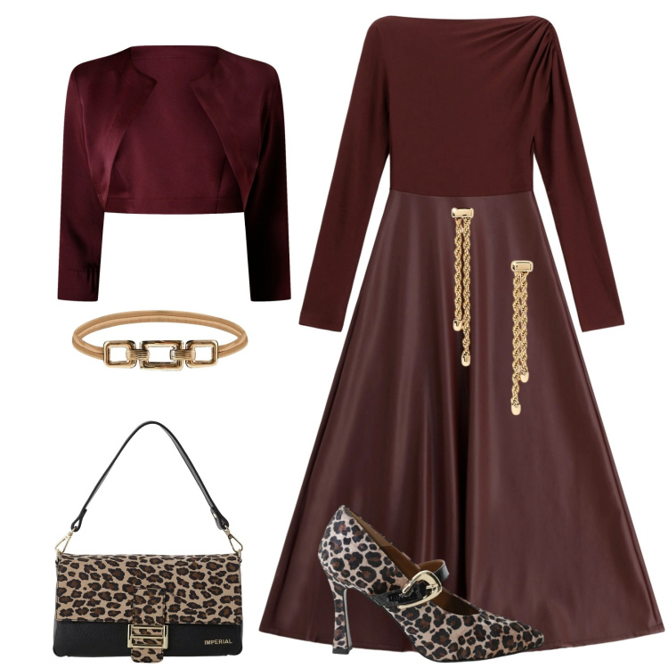 Outfit donna - Ecopelle e animalier per eventi serate. Stile Chic per Serata fuori. Abbinamento con cinture, bolero, vestiti lunghi, décolleté, borse a spalla, orecchini.
