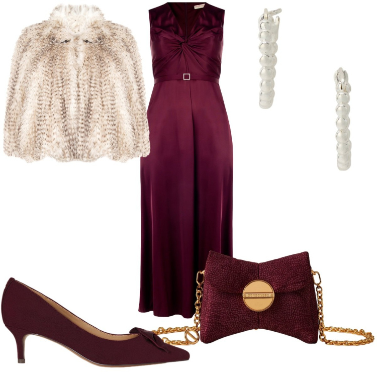 Outfit donna - Rinascimento -Black Friday. Stile Chic per Cerimonia. Abbinamento con vestiti lunghi, ecopellicce, borse a tracolla, orecchini, décolleté.