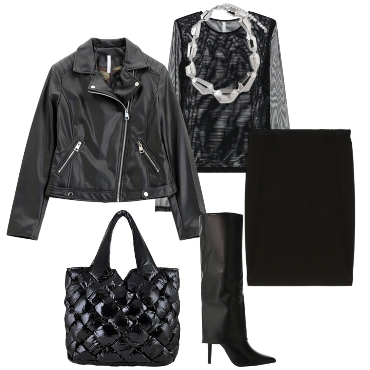Outfit donna - Total look #2288959. Stile Chic per Serata fuori. Abbinamento con blazer, t-shirt, stivali, borse tote, ciondoli, gonne longuette.
