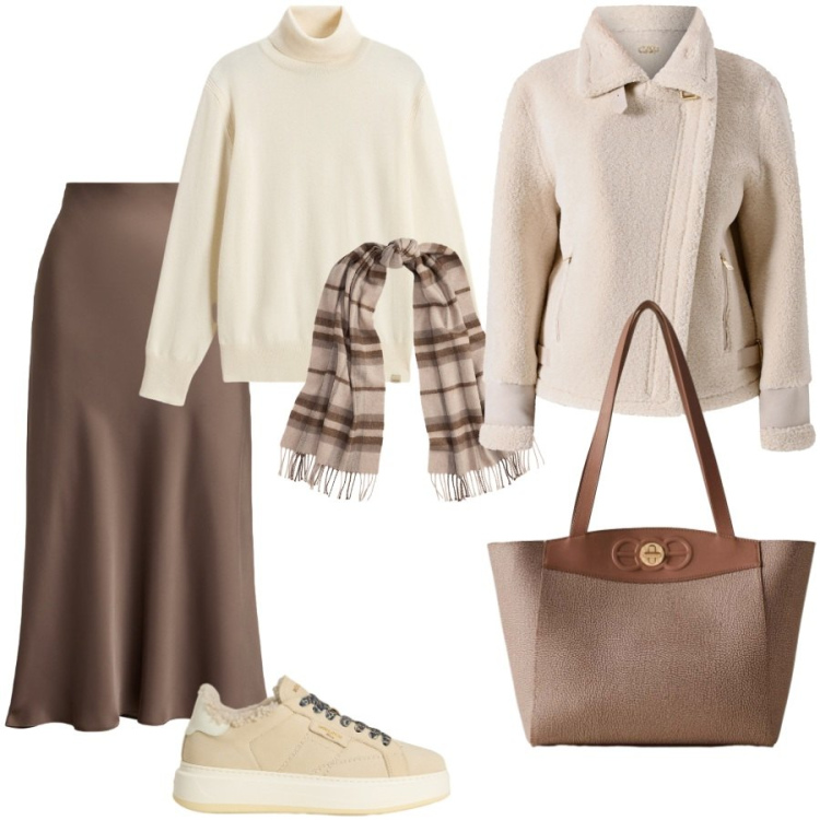 Outfit donna - Total look #2288960. Stile Casual chic per Ufficio. Abbinamento con ecopellicce, shopping bag, gonne, sciarpe, sneakers, maglieria.