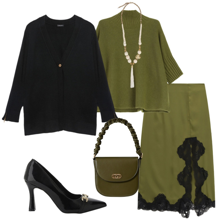 Outfit donna - Total look #2288961. Stile Chic per Serata fuori. Abbinamento con borse a mano, décolleté, maglieria, gonne longuette, cardigans, ciondoli.