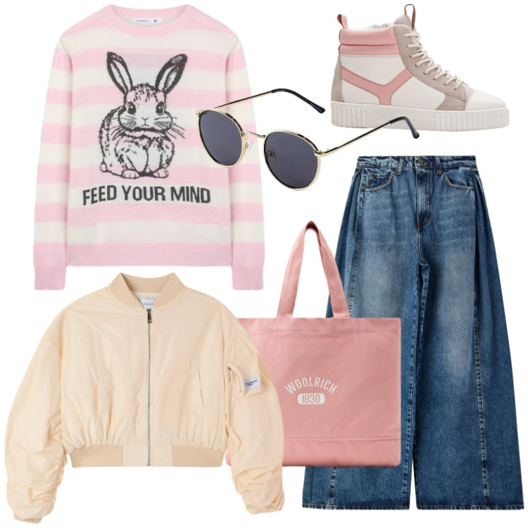 Outfit donna - Lezione all\' università. Stile Casual per Scuola/Università. Abbinamento con occhiali da sole, sneakers alte, maglieria, bomber, jeans, borse tote.